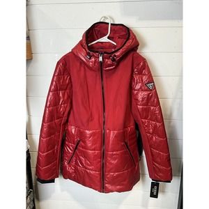 Guess Womens XL Belted‎ Puffer Lipstick Red Ecru Jacket
